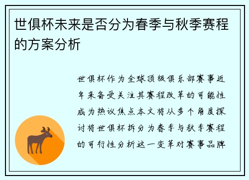世俱杯未来是否分为春季与秋季赛程的方案分析