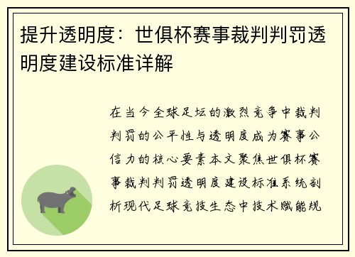 提升透明度：世俱杯赛事裁判判罚透明度建设标准详解