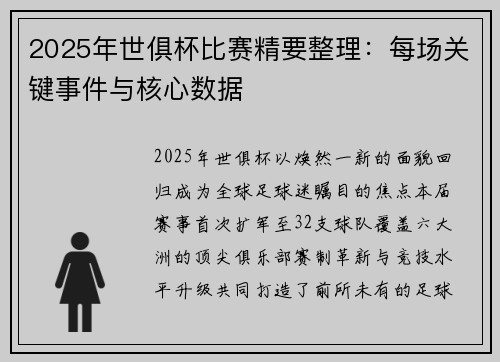 2025年世俱杯比赛精要整理：每场关键事件与核心数据